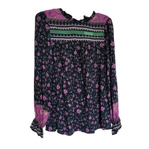 Hailey &Co Wmn Pink Black Floral Ruffle Sleeve Peasant Cottage Blouse Medium NWT